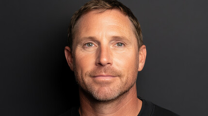 Fototapeta premium Confident smiling man portrait against textured concrete wall, warm tones, minimal mood