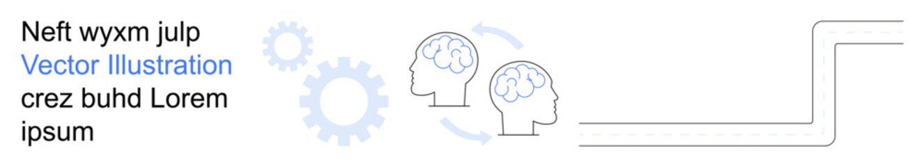 Teamwork, innovation, cognitive science, process improvement, technology strategy, connectivity. Two human heads with brain icons, gears arrows and link connections. Teamwork and innovation concept