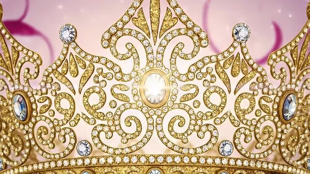 A brilliant golden crown, exquisitely adorned with numerous sparkling jewels and prominent clear gems, gleams against a soft, blurred background. Its intricate filigree design and radiant sparkle evok