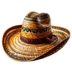A straw sombrero with colorful trim, isolated on black background
