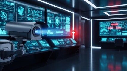A futuristic security control room with multiple screens, cameras, and glowing blue interfaces