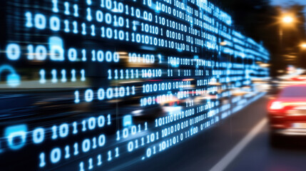 Smart city data stream overlay on night traffic conveying connected urban mobility and speed