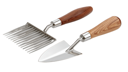 Garden Trowel and Hand Rake on White Background