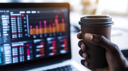 Coffee cup held beside laptop displaying financial chart and data visualization office morning