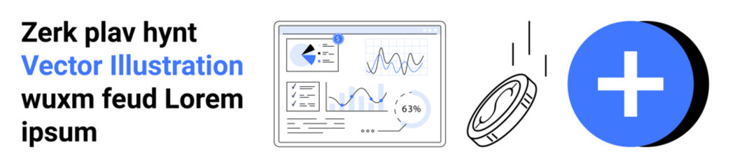 Data analysis, healthcare, digital tools, financial management, research, infographic. Dashboard with graphs and charts alongside a blue cross icon. Data analysis and healthcare concept