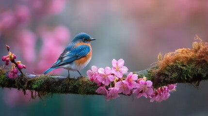 Obraz premium Barn swallow perched on blooming branch in springtime.