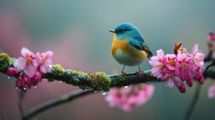 Obraz premium Barn swallow perched on blooming branch in springtime.