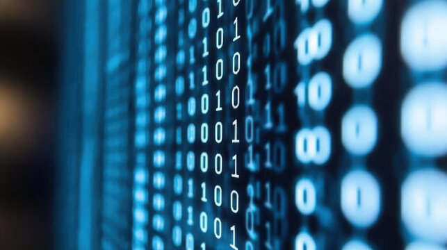 Binary data stream glowing blue with abstract stacked layers of digital code