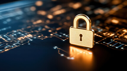 Fototapeta premium Gold padlock on glowing circuit board symbolizing digital security and trust