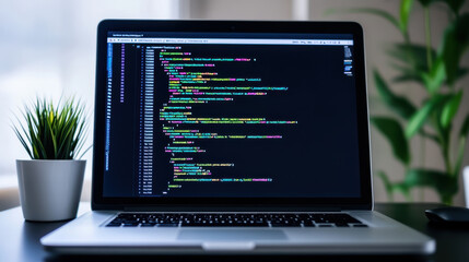 Clean laptop workspace with code editor open showing colorful programming code and calm lighting
