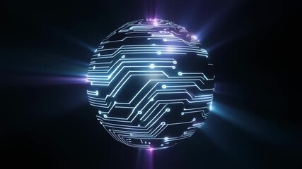 A glowing spherical circuit board with light trails, symbolizing global technology and data. - Powered by Adobe