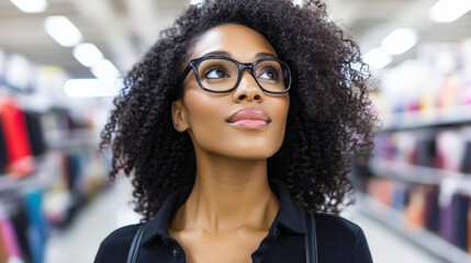 Young woman browsing boutique for sustainable fashion, thoughtful expression