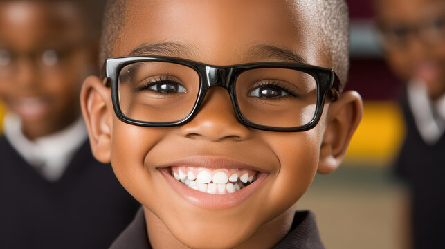 Smiling schoolboy wearing glasses encourages classmates with confidence and warmth