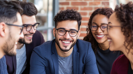 Smiling young adults in casual meeting sharing stories and warmth