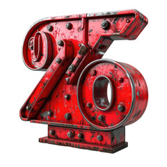 Metallic, rusted percentage symbol, detailed rivets and bold industrial design