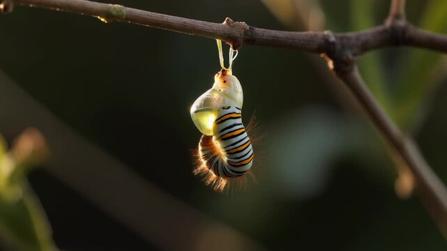 Monarch caterpillar beginning to pupate, hanging upside down from a branch, transforming into a chrysalis in warm light.