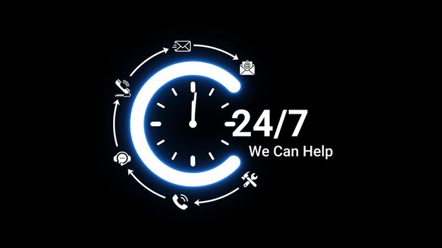 A glowing blue neon clock with surrounding communication symbols and the text 24/7 We Can Help on a dark background representing constant customer support and service availability - Powered by Adobe