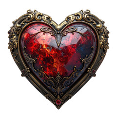 Ornate heart pendant featuring a fiery red gemstone and intricate detailing