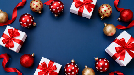 Christmas ornaments and gift boxes arranged in a circular pattern on a blue background