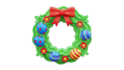 Easter Wreath with Eggs and Bow on White Background
