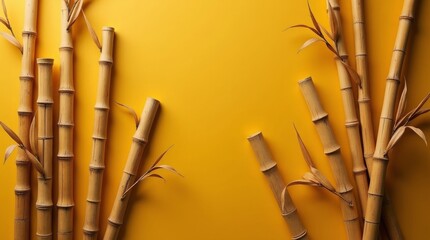 Golden bamboo stalks with dry leaves yellow