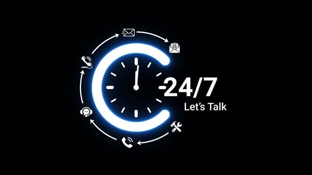 A luminous blue neon clock surrounded by communication symbols and the text 24/7 Let's Talk on a black background representing continuous dialogue and customer engagement