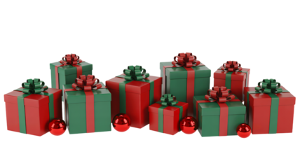 Colorful Christmas presents with red and green bows on black background