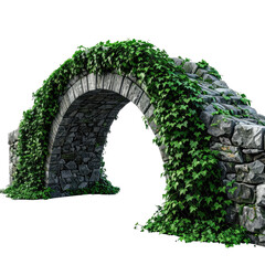 Stone arch bridge draped in lush green ivy, curved steps leading over