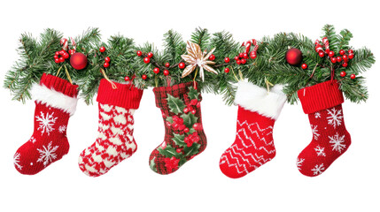 A row of five colorful Christmas stockings hanging from a green garland with red berries and ornaments.