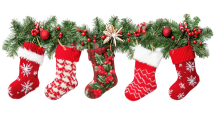 A row of five colorful Christmas stockings hanging from a green garland with red berries and ornaments.