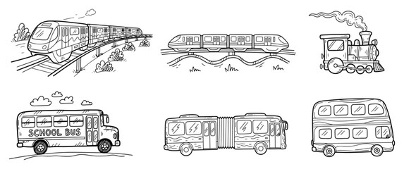 Collection of public transport doodles featuring trains and buses © Tomas