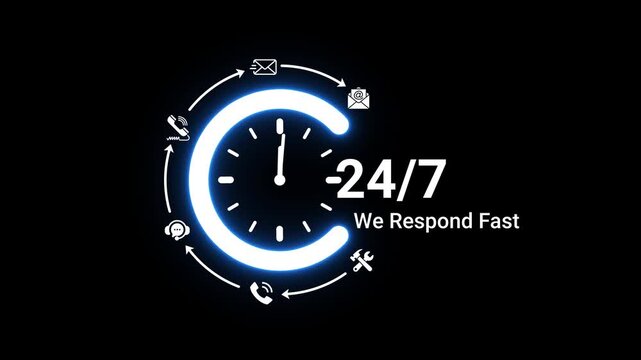 A bright blue neon clock with surrounding communication symbols and the text 24/7 We Respond Fast on a dark background symbolizing prompt and continuous customer service response