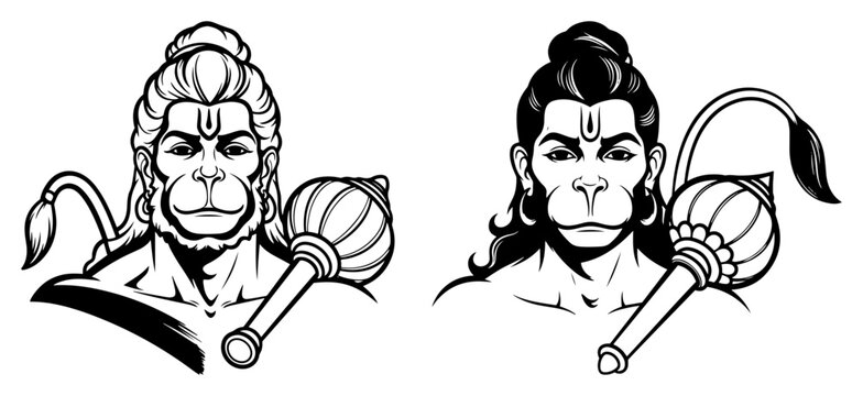 Illustration of lord hanuman holding a mace in two styles