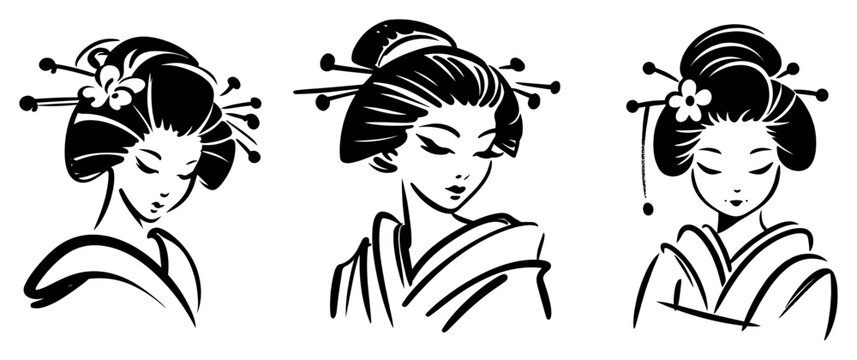 Artistic black and white ink illustrations of three Japanese geisha women wearing traditional kimonos