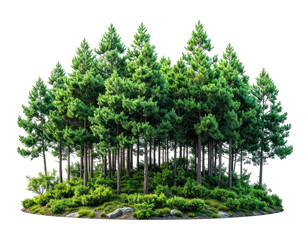 Cluster of lush green coniferous trees on a small patch of land