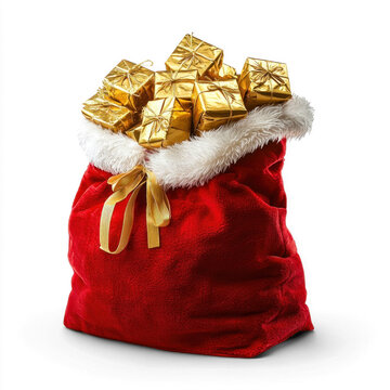 A red Santa Claus sack filled with golden wrapped presents against a white background.