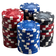 Stacks of colorful poker chips, neatly arranged