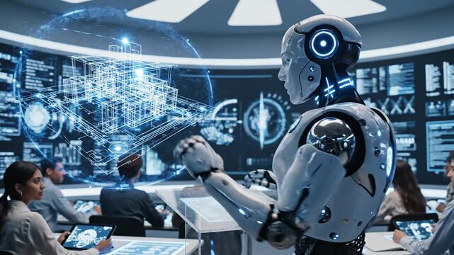 White, futuristic robot manipulates a holographic 3D structure, surrounded by people working at desks in a modern office