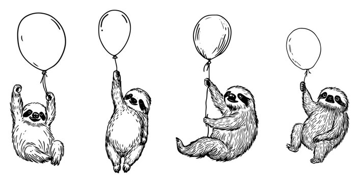 Set of cute cartoon sloths hanging and flying with balloons