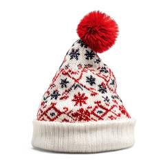 A festive, knitted hat with a red pom-pom and a white, red, and black pattern, against a white background.