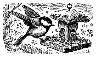 Flying bird landing on wooden bird feeder with seeds during winter snowfall © Tomas