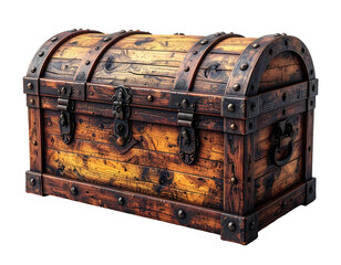Detailed, weathered wooden chest with iron hardware against black