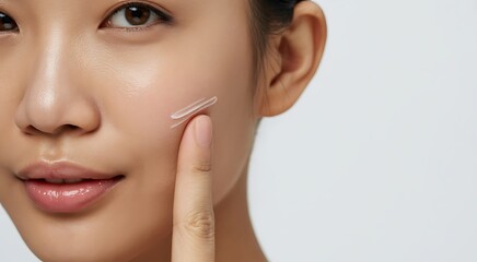 Obraz premium Close up of a young woman applying skincare product to her cheek