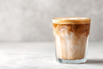 Latte macchiato in a glass with beautiful coffee crema and foam art, showing milk swirling into coffee for refreshment and morning drink concept.