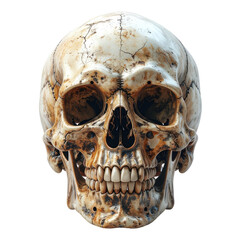 Realistic human skull, weathered appearance, front view, isolated on black