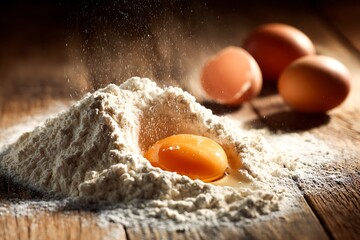 Egg yolk in flour with falling powder for baking dough preparation. Process of making fresh homemade pasta or pastry recipe.