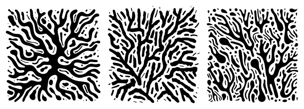 Organic branching root and coral nature textures in black and white