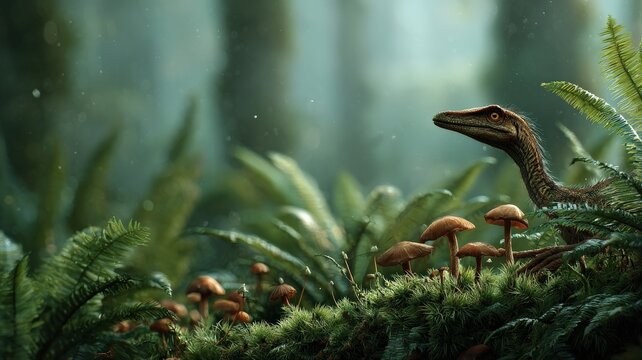 close-up of compsognathus chasing insects among ferns and fungi on the forest floor, macro cinematic view