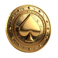 Gold coin with spade symbol, intricate design, isolated on black background