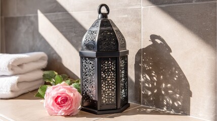 Ornate metallic lantern sits beside a soft pink bloom and stacked white towels near a tiled wall